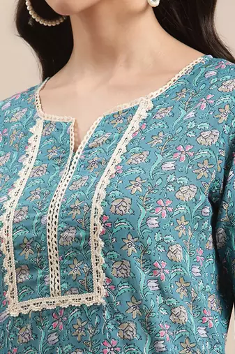 Blue jaipuri floral print pure cotton lace detailed kurta