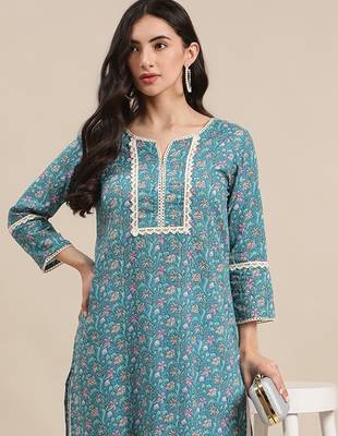 Blue jaipuri floral print pure cotton lace detailed kurta 3