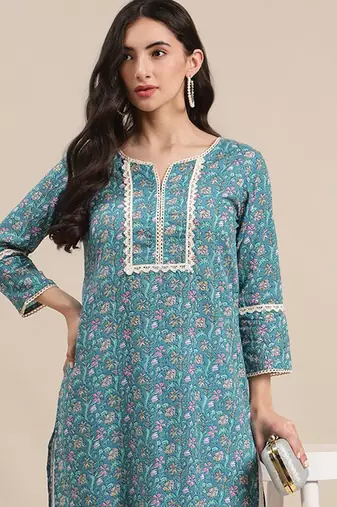 Blue jaipuri floral print pure cotton lace detailed kurta