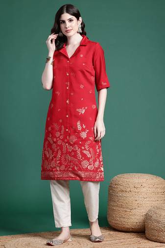 Ethnic printed cuban collar straight kurta