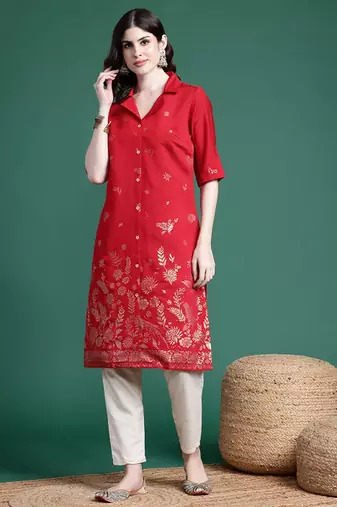 Ethnic printed cuban collar straight kurta