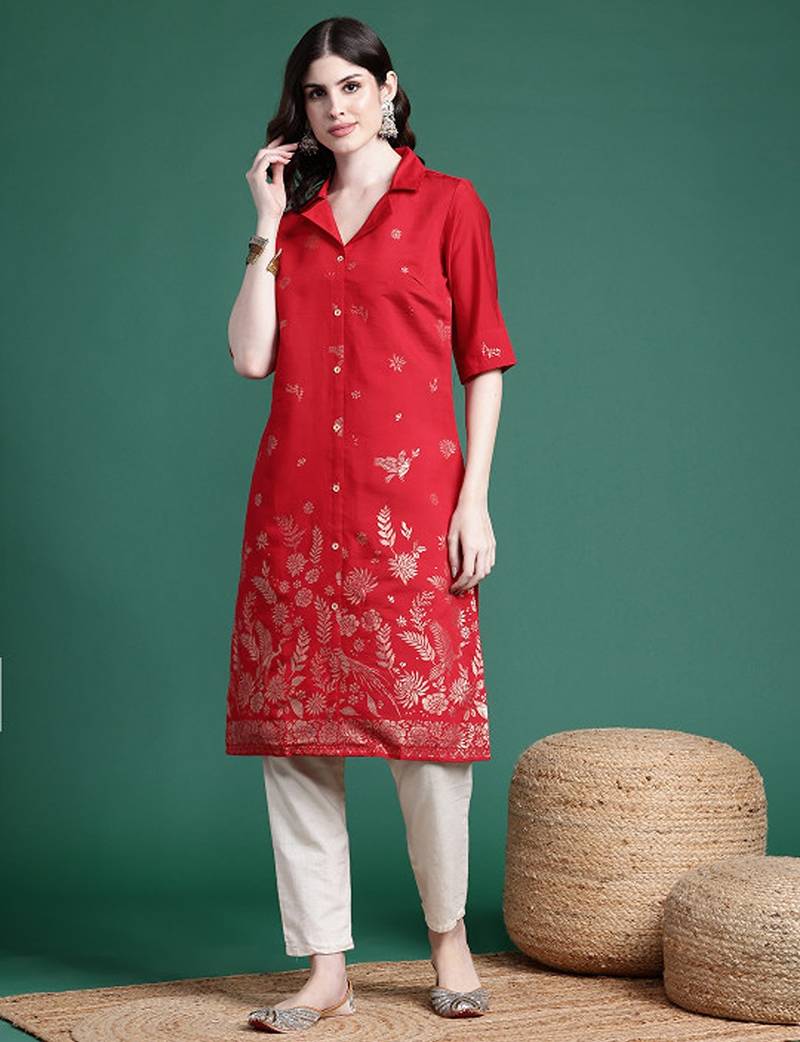 Ethnic printed cuban collar straight kurta