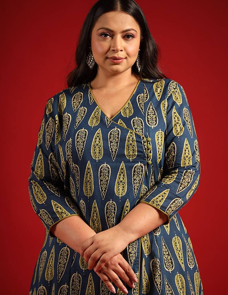 Navy blue & green ethnic motifs printed cotton kurta