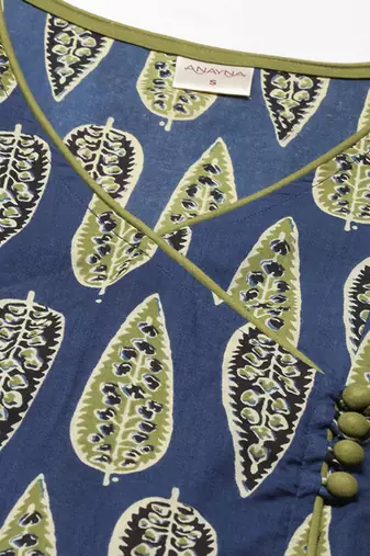 Navy blue & green ethnic motifs printed cotton kurta