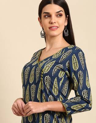Navy blue & green ethnic motifs printed cotton kurta 3