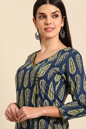 Navy blue & green ethnic motifs printed cotton kurta