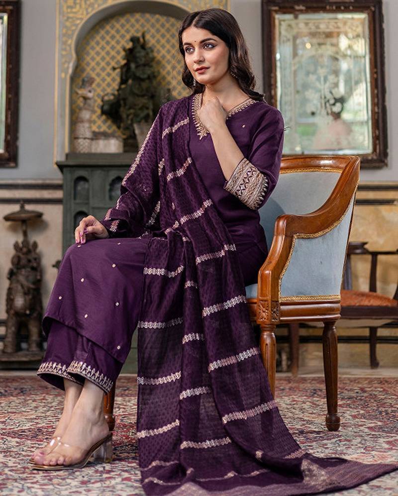 Ethnic motifs embroidered regular kurta with trousers & with dupatta