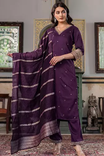 Ethnic motifs embroidered regular kurta with trousers & with dupatta