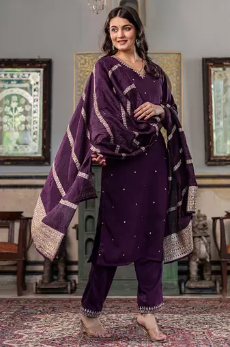 Ethnic motifs embroidered regular kurta with trousers & with dupatta