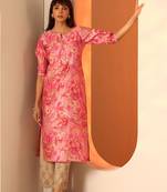Floral printed notch neck mirror work silk straight kurta