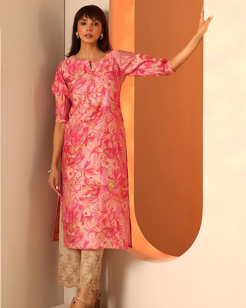 Floral printed notch neck mirror work silk straight kurta