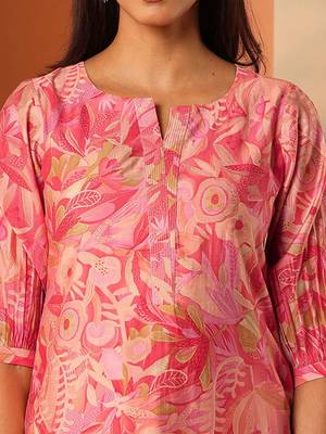 Floral printed notch neck mirror work silk straight kurta 2