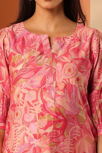 Floral printed notch neck mirror work silk straight kurta