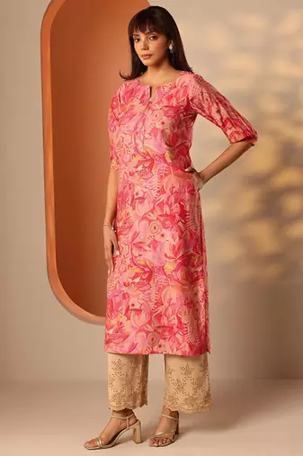 Floral printed notch neck mirror work silk straight kurta