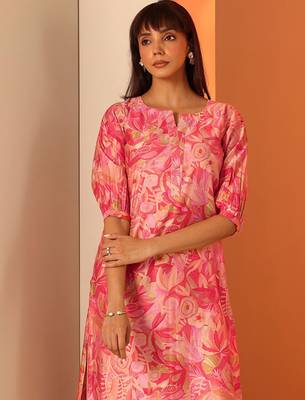 Floral printed notch neck mirror work silk straight kurta 4