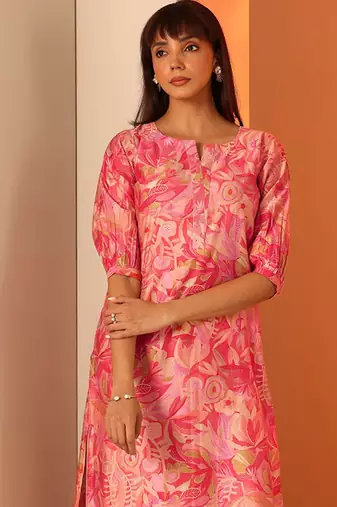 Floral printed notch neck mirror work silk straight kurta