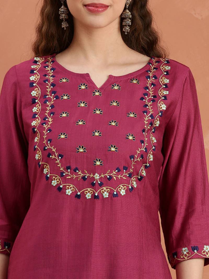 Floral embroidered flared sleeves thread work kurta