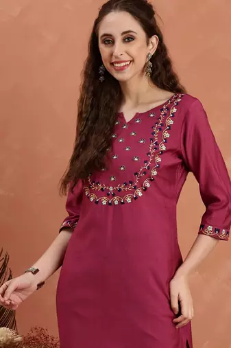 Floral embroidered flared sleeves thread work kurta