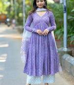 Floral printed pleated kurta with trousers & dupatta