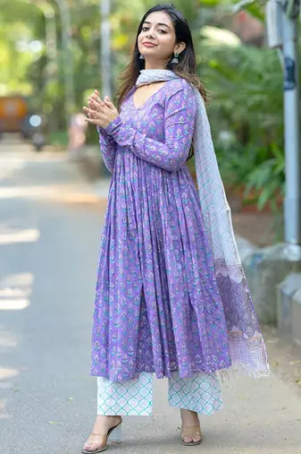 Floral printed pleated kurta with trousers & dupatta