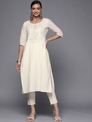 Off white yoke design mirror work kurta 1