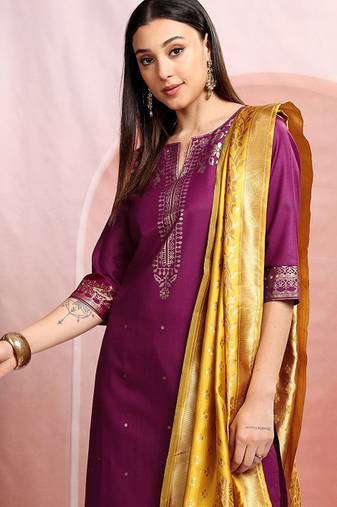 Magenta & yellow ethnic motifs printed straight kurta & palazzos with dupatta
