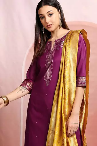 Magenta & yellow ethnic motifs printed straight kurta & palazzos with dupatta