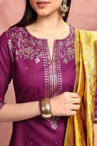 Magenta & yellow ethnic motifs printed straight kurta & palazzos with dupatta