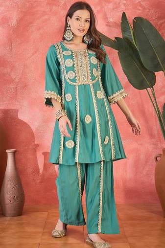 Floral embroidered round neck mirror work a-line kurta with palazzos