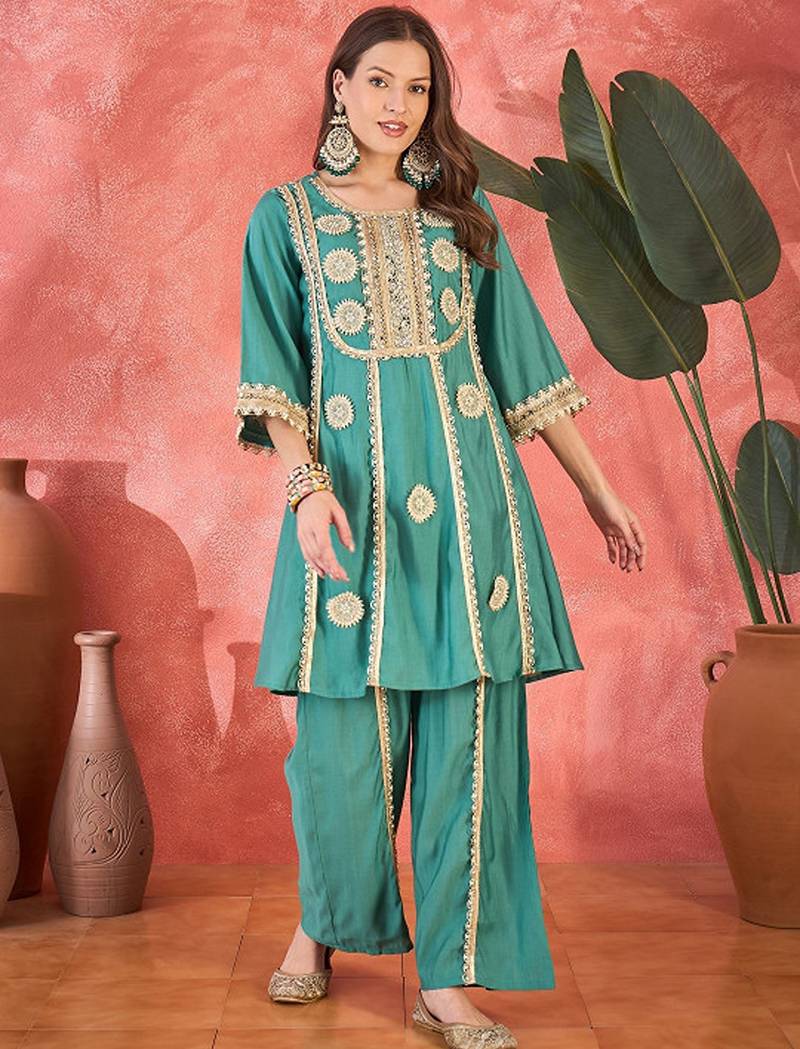 Floral embroidered round neck mirror work a-line kurta with palazzos