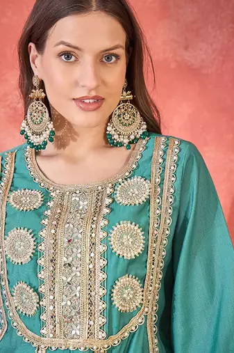 Floral embroidered round neck mirror work a-line kurta with palazzos