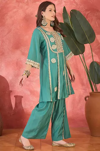 Floral embroidered round neck mirror work a-line kurta with palazzos