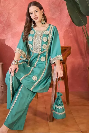 Floral embroidered round neck mirror work a-line kurta with palazzos