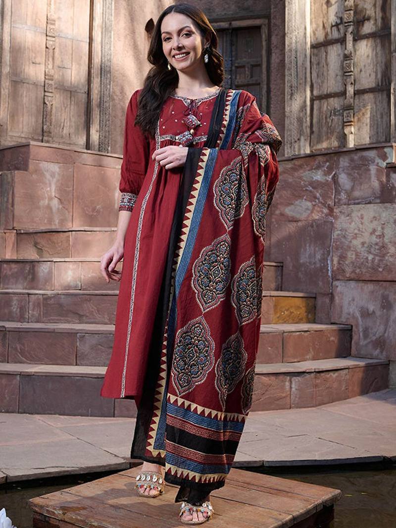 Regular sequinned pure cotton kurta with trousers & with dupatta