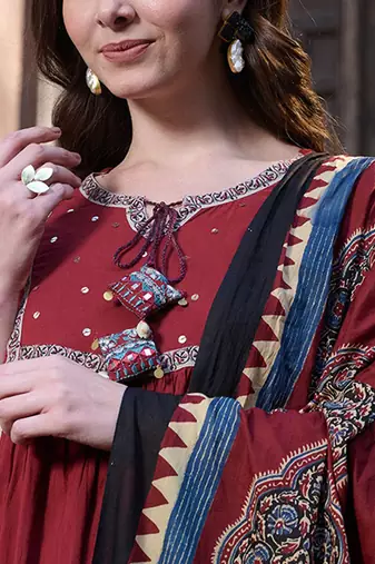 Regular sequinned pure cotton kurta with trousers & with dupatta