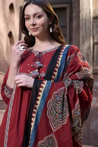 Regular sequinned pure cotton kurta with trousers & with dupatta