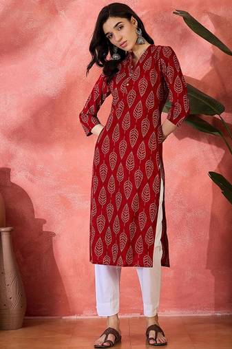 Ethnic motifs printed mandarin collar pure cotton straight kurta