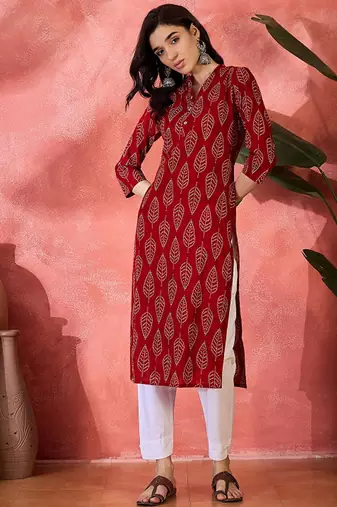 Ethnic motifs printed mandarin collar pure cotton straight kurta