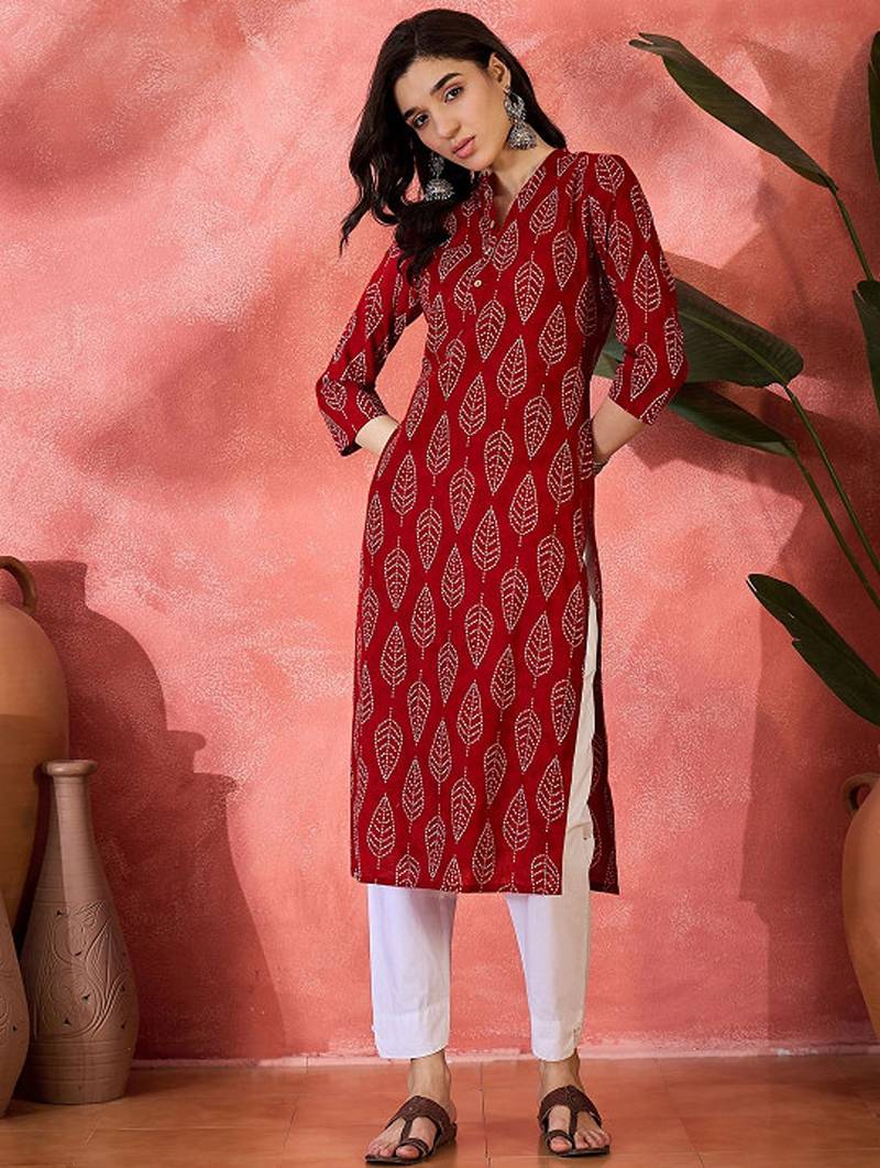 Ethnic motifs printed mandarin collar pure cotton straight kurta