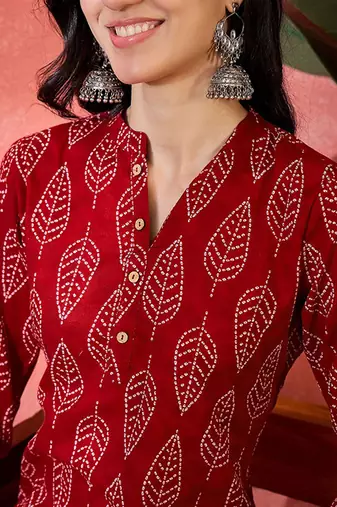 Ethnic motifs printed mandarin collar pure cotton straight kurta