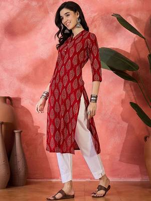 Ethnic motifs printed mandarin collar pure cotton straight kurta 3
