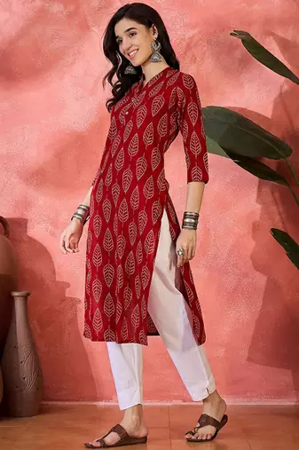 Ethnic motifs printed mandarin collar pure cotton straight kurta