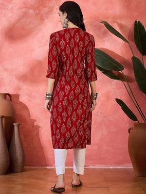Ethnic motifs printed mandarin collar pure cotton straight kurta 4