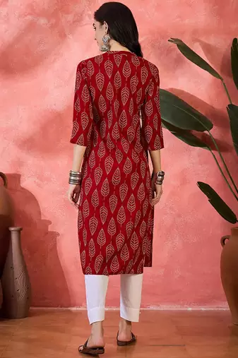 Ethnic motifs printed mandarin collar pure cotton straight kurta
