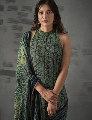 Blue floral printed halter neck straight kurta with trousers & dupatta 1