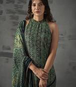 Blue floral printed halter neck straight kurta with trousers & dupatta