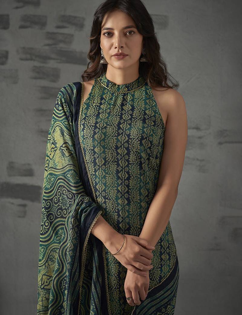 Blue floral printed halter neck straight kurta with trousers & dupatta