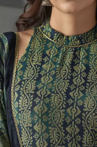 Blue floral printed halter neck straight kurta with trousers & dupatta