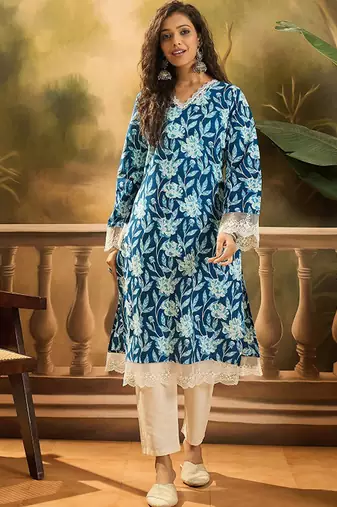 Floral printed 100% cotton straight kurta