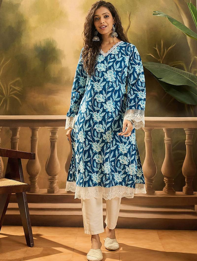 Floral printed 100% cotton straight kurta
